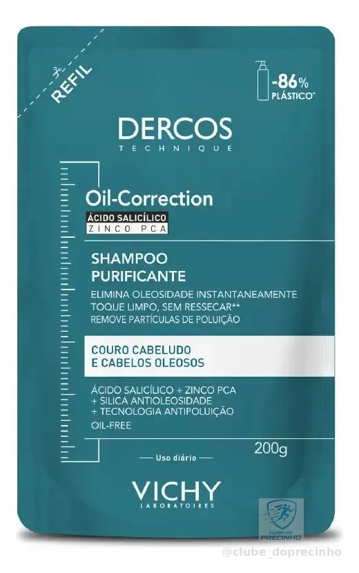 Refil Shampoo Purificante para Cabelos Oleosos Limpeza Profunda sem Ressecar os Fios Fórmula com Ácido Salicílico e Zinco PCA Oil-Correction Vichy Dercos 200g