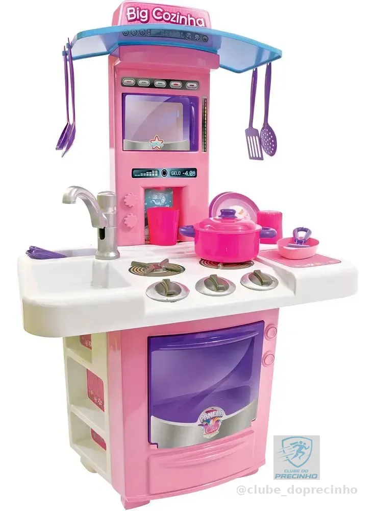 Cozinha Infantil Big Star Rosa 69cm Torneira Água Fogão Forno 16 Peças