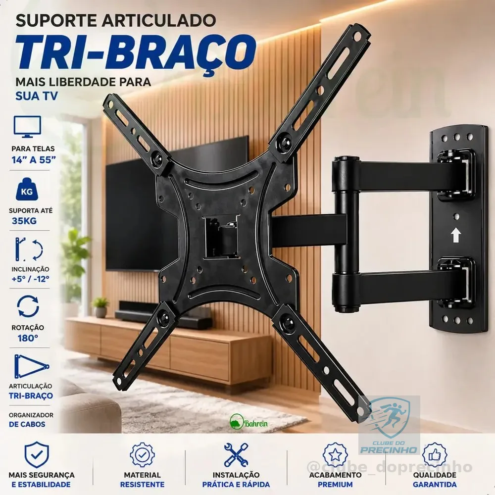Suporte de Bahrein Articulado Tri-Braço para Telas de 14" a 55" Preto Suporte Tri-articulado Braço Longo Reforçado Regulável E Inclinável Lcd Led Plasmas - Bahrein