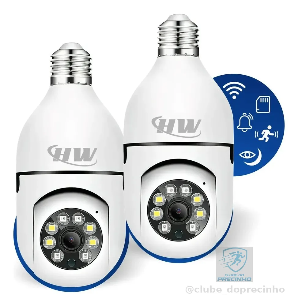 Kit C/ 2 Câmeras Lâmpada Ip Wi-fi 360° | Visão Colorida | Áudio | Sensor De Movimento | E27 App Yoosee- Hw