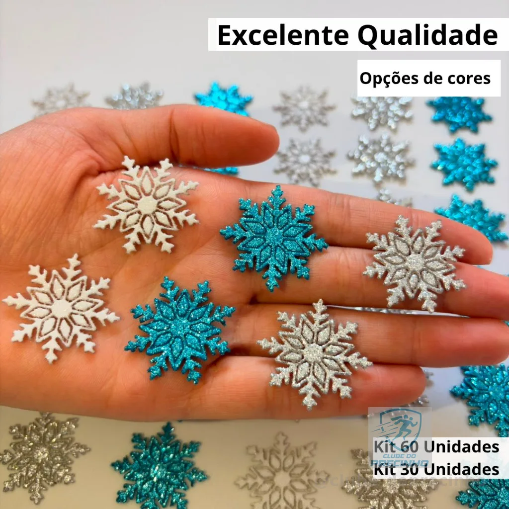 60 Apliques Floco de Neve EVA Glitter 3cm | Frozen Inverno Natal Artesanato lacos pet Corte a laser