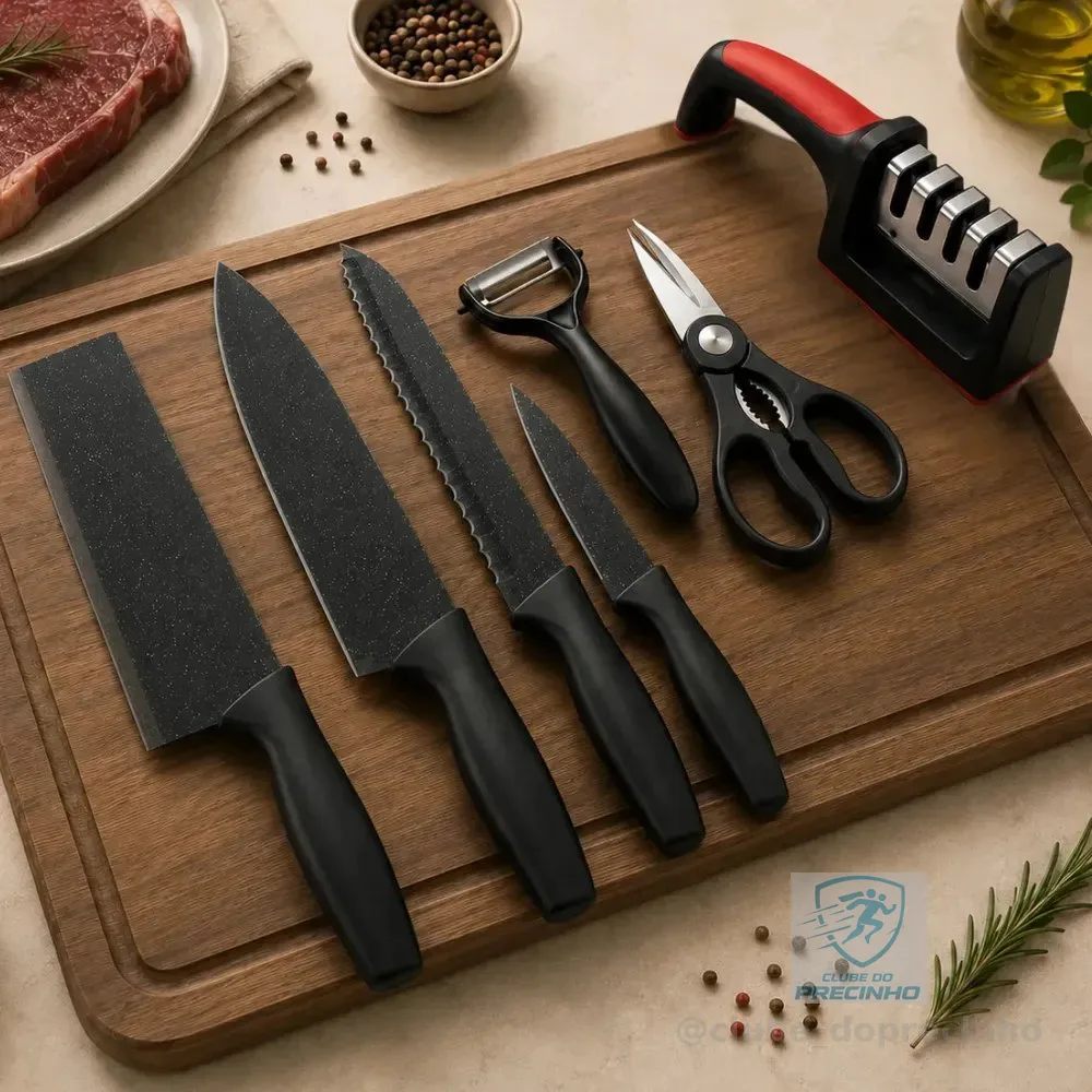 Jogo De Facas Conjunto Inox Kit 7 Afiador Preto Cozinha Premium Churrasco
