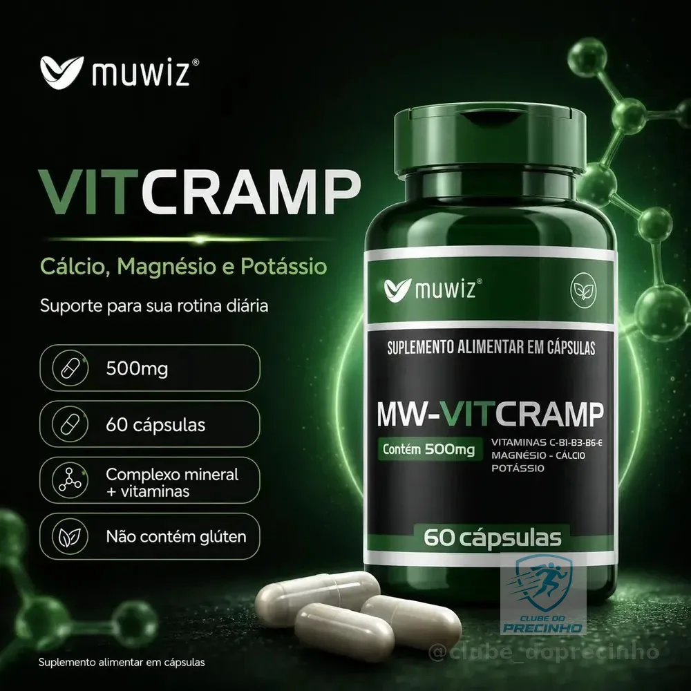 Suplemento Vitcramp para Câimbras com Potássio, Cálcio, Magnésio, Vitamina E, Vitamina B6, 60 Cápsulas, Muwiz