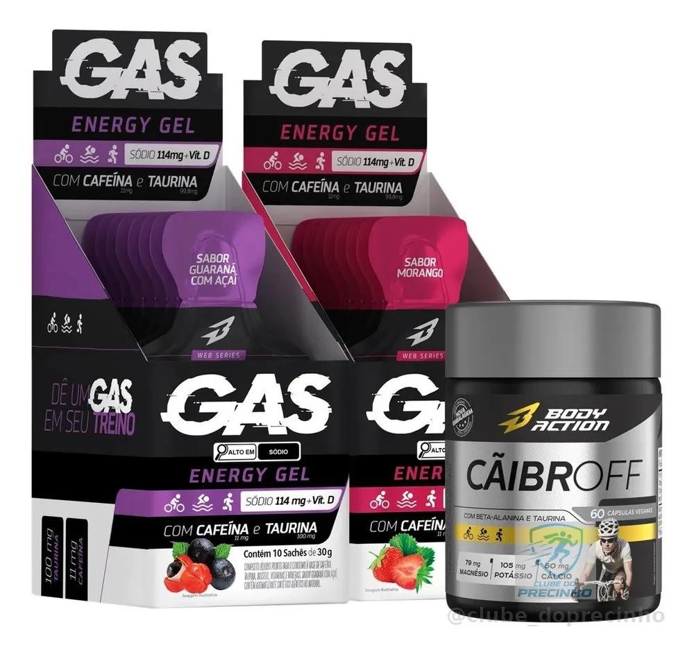 2x Gas Energy Gel Energético 20 Sachês + Cãibroff Bodyaction Sabor Guaraná com Açaí/Morango