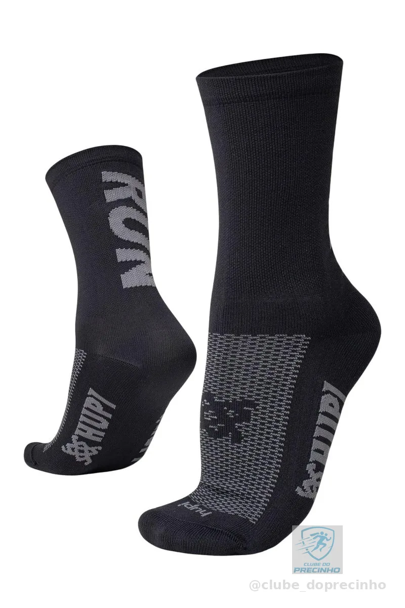 Meia para Corrida HUPI Run Preto/Cinza 1 Par Cano Médio, Cor: Preto/Cinza, Tamanho 36-42