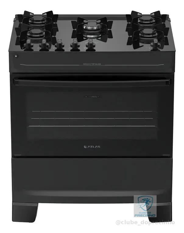 Fogão 5 Bocas Atlas Mônaco Top Glass Automático Mesa De Vidro Preto