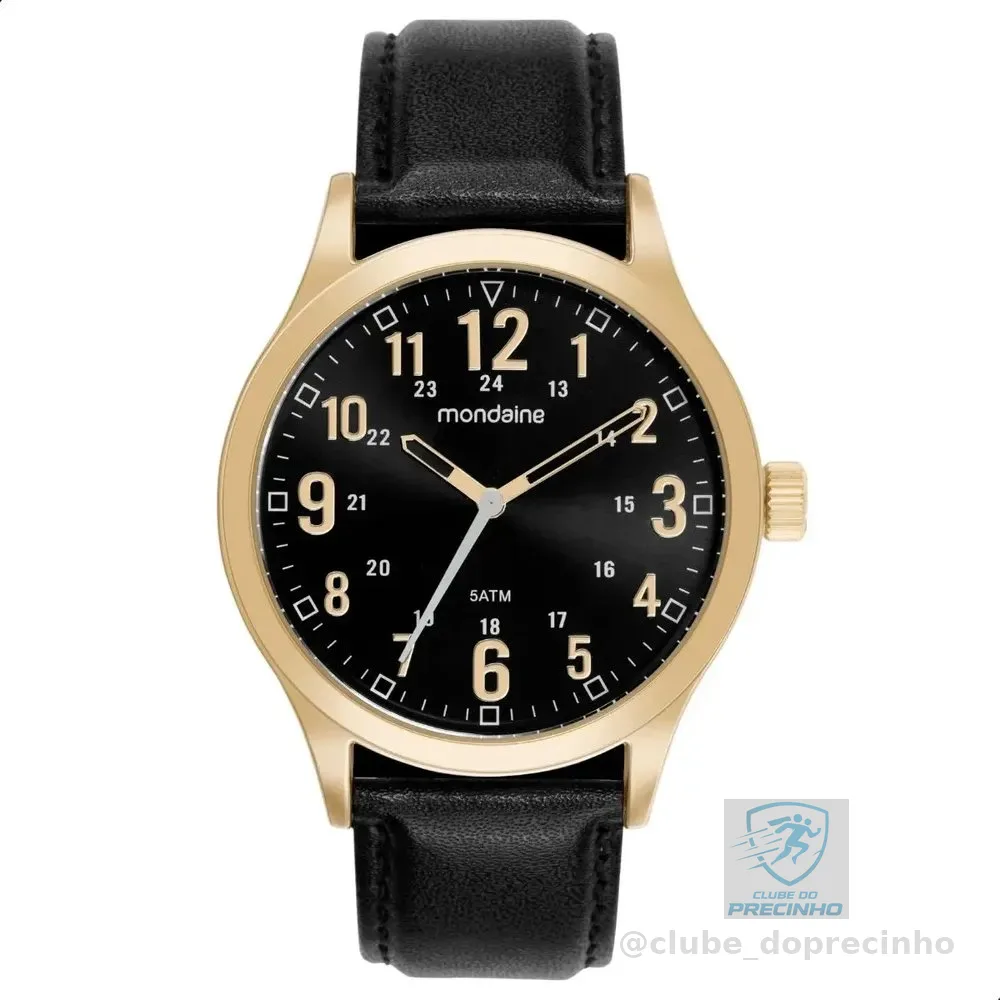 Relógio Mondaine Masculino 99626GPMVDH2 Dourado Analógico Couro Preto Mostrador Preto 5 ATM 50m Cristal Mineral 44mm Casual Social Original