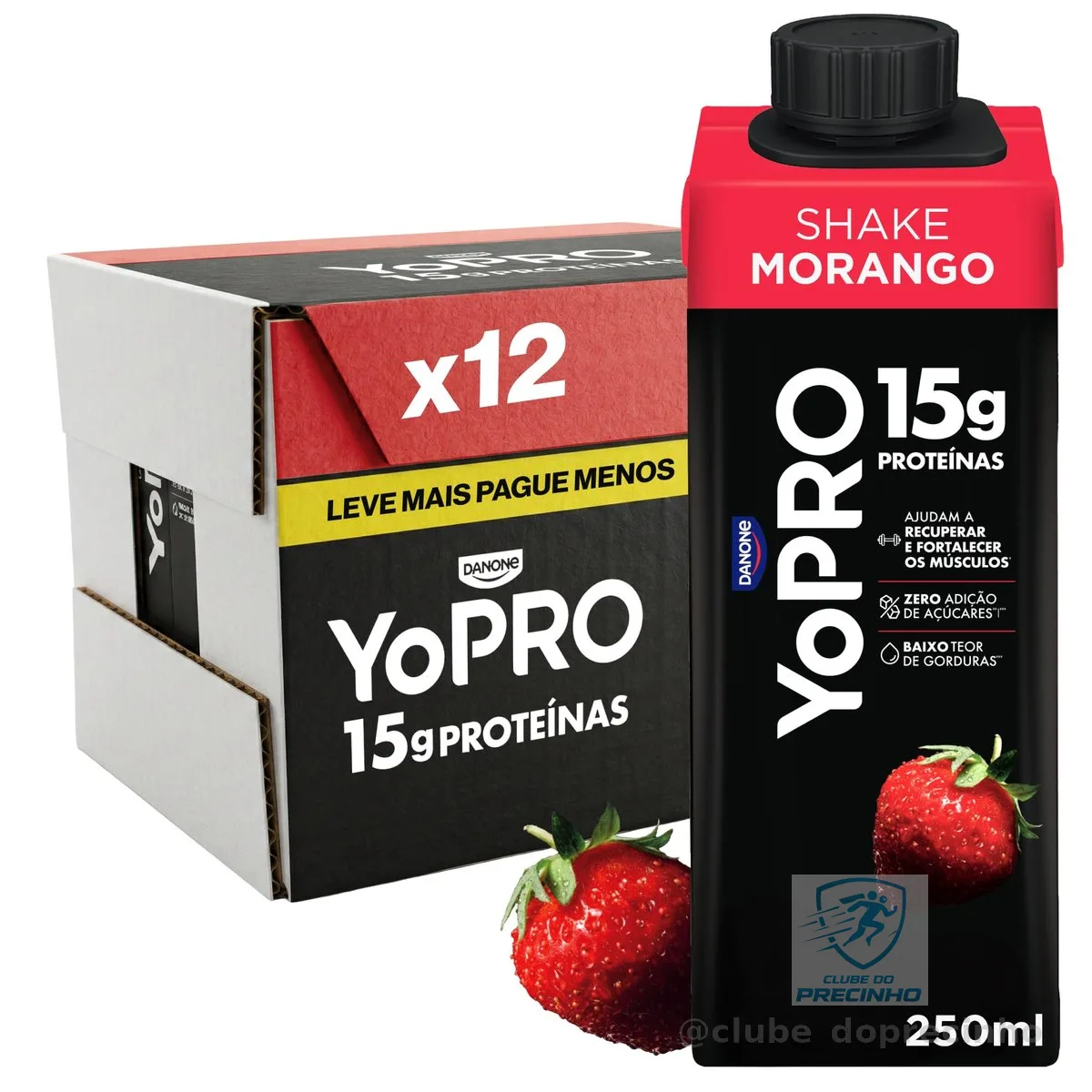 YoPRO Bebida Láctea UHT Morango – 15g de Proteínas, Líquido, Caixinha Tetra Pak 250ml (Pack com 12 unidades)