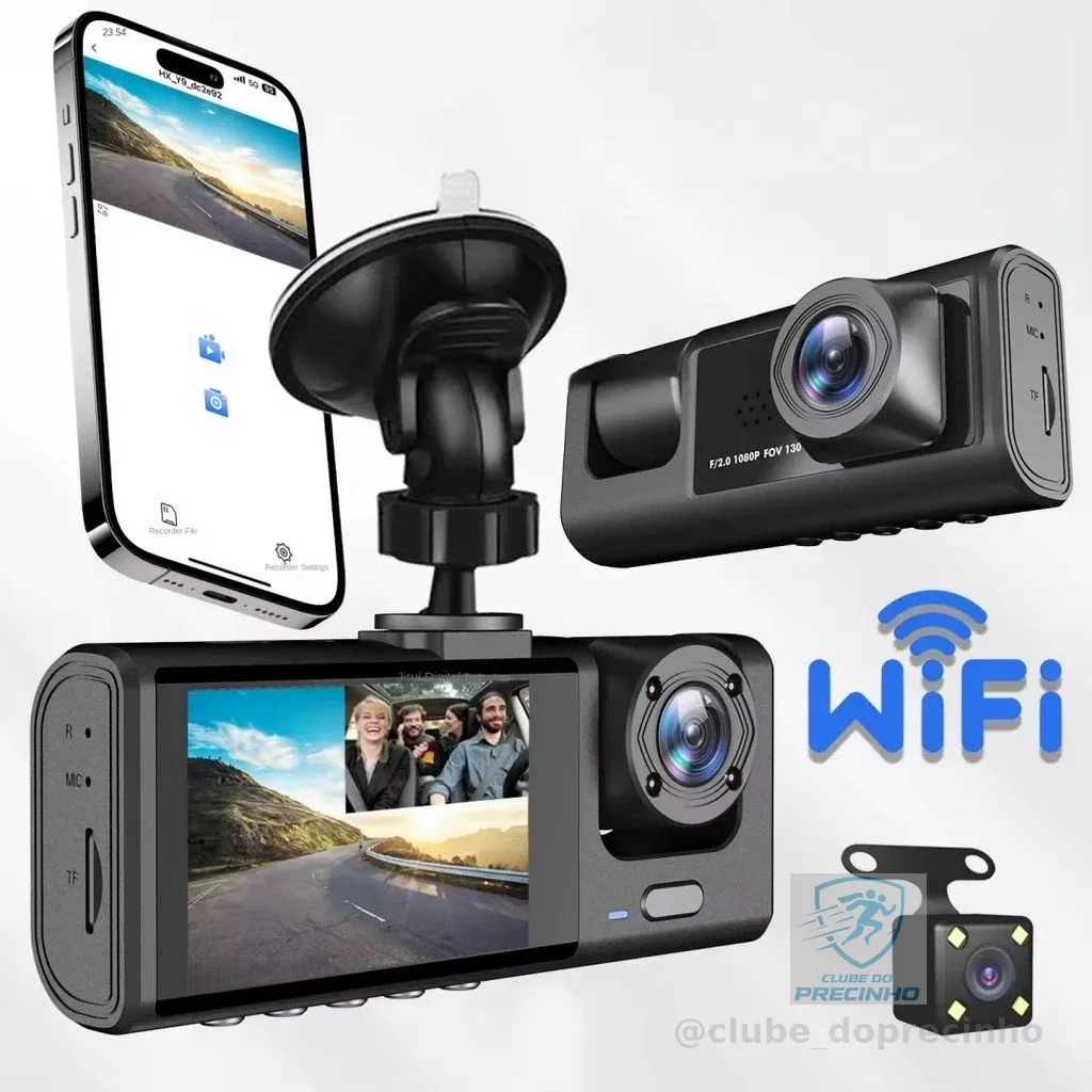 Câmera Veicular Full HD 1080p 3 Lentes (Frontal + Interna + Traseira) com Tela LCD | DVR Automotivo com Visão Noturna