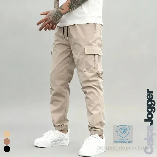 Calça Jogger Cargo Masculina Sarja Calca Streetwear Punho