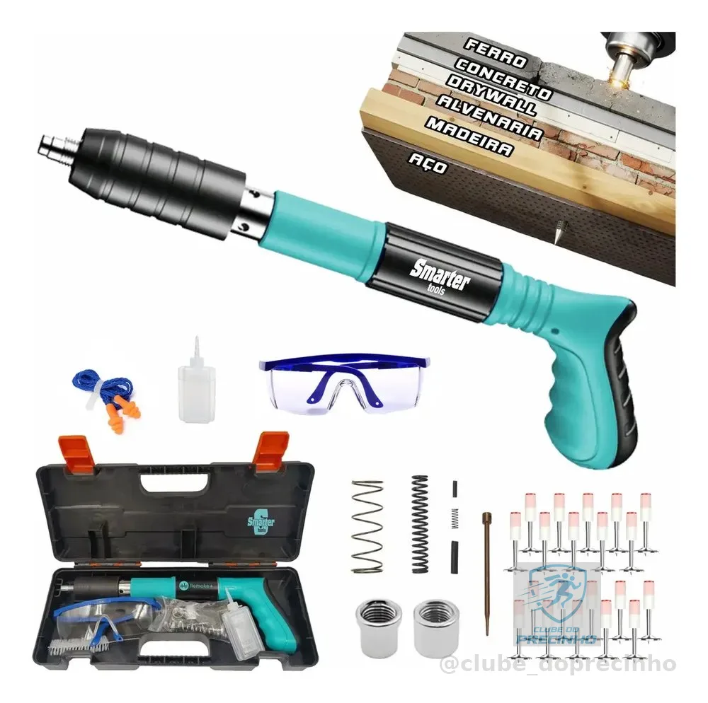 Pistola Fixação Finca Pino Ação Direta Pregos Epi Maleta Pinador Pregador Grampeador Rebitador De Prego Pressão Manual Ferramenta Para Drywal Gesso Concreto Aço Parede Forro PVC Grampo Smarter Tools