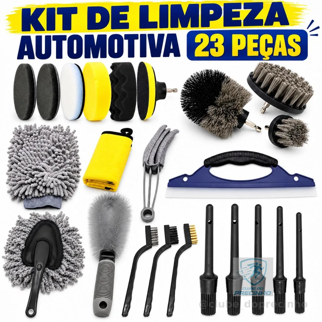 Kit 23 Peças Escova Detalhamento Automotivo - Saco Lavagem com Toalha e Pneu para Limpeza Completa