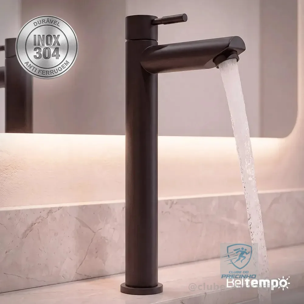 Torneira Para Banheiro De Mesa Bica Alta 1/4 De Volta Aço Inox 304 Preta Fosca Elegance Beltempo
