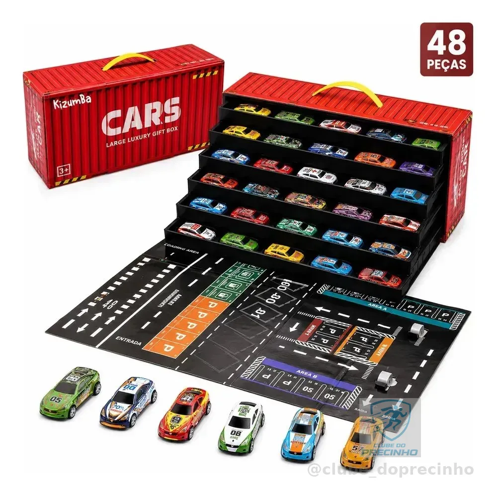 Kit 48 Mini Carrinhos Infantil Colecionador Educativos Com Pista Container Vermelho Liga Metálica Kizumba