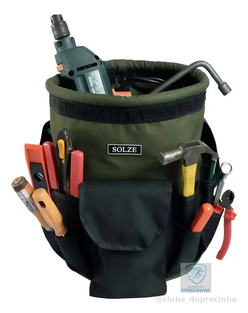 Bolsa Balde para Ferramentas de Eletricista Solze, Cor Verde Militar e Preto