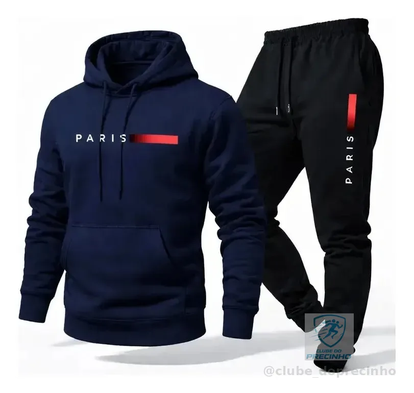 Conjunto Moletom Calça Unissex Paris Canguru Casaco Frio P Azul-marinho