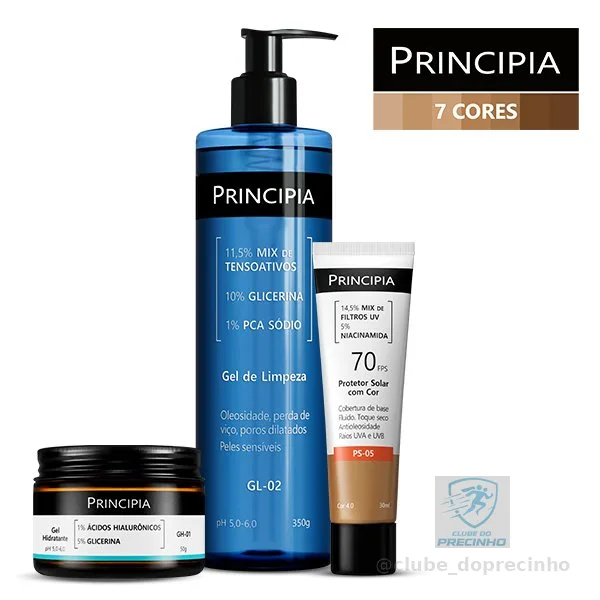 Principia Kit Limpa Hidrata e Protege c/ Gel de Limpeza GL-02 +Gel Hidratante GH-01 + Protetor Cor PS-05 FPS 70