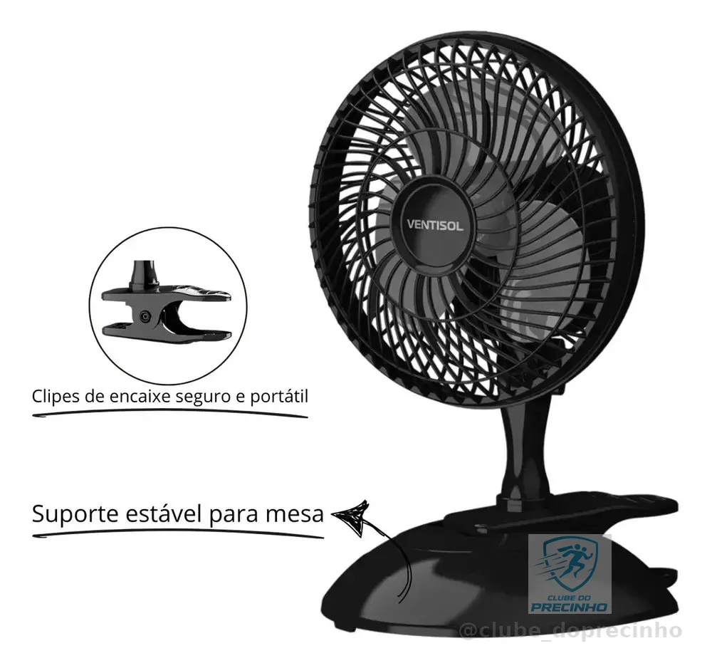 Micro Ventilador Ventisol 20cm 3 Pás Preto Clip Portátil De Mesa
