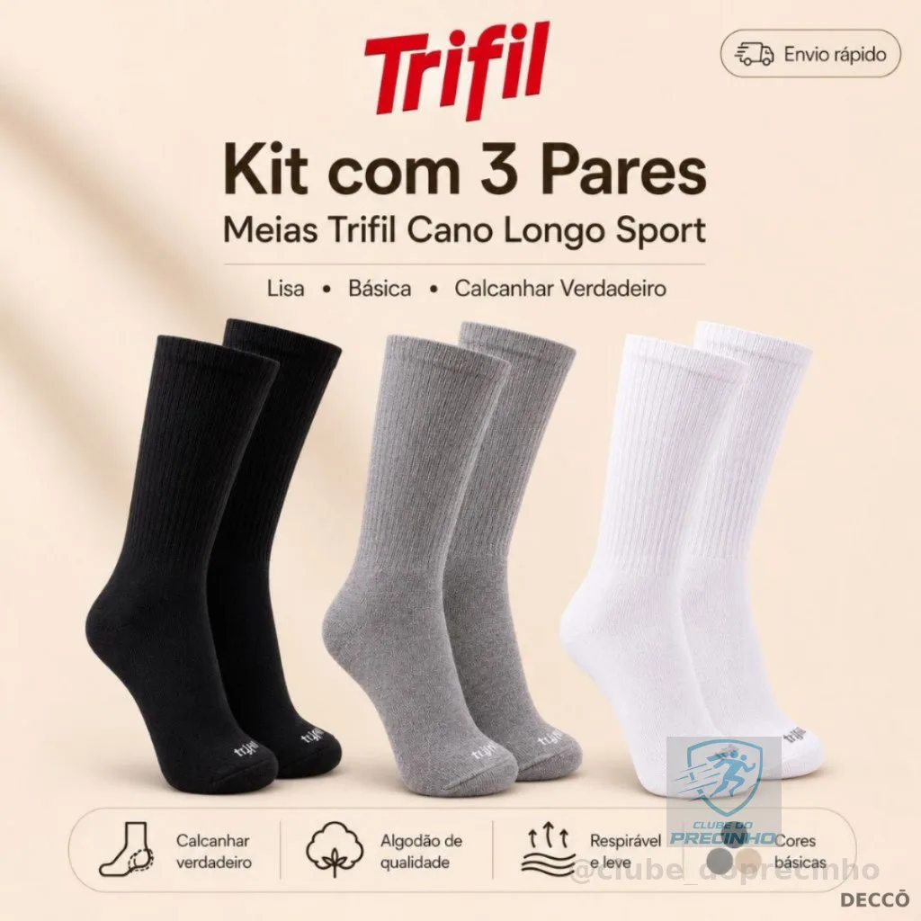 Kit com 3 Pares de Meias Trifil Esportiva Lisa Modelo Cano Longo Calcanhar Verdadeiro Básica Sport
