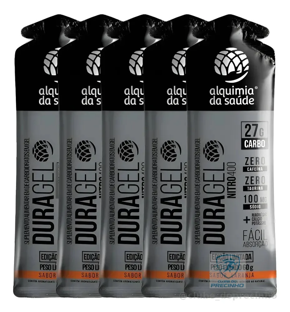 Gel Alquimia Da Saúde DURAGEL Nitro400 Carboidratos 27g Sabor Laranja 5 Unidades