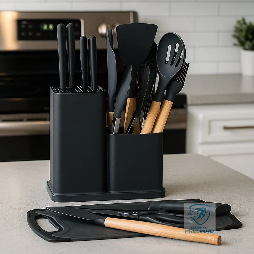 Kit Cozinha 19 Peças Silicone Antiaderente Facas Inox Madeira com Suporte