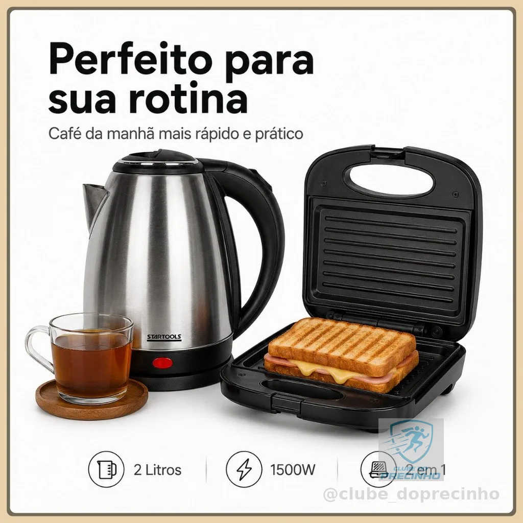 Chaleira Jarra Eletrica em Aço Inox, Sanduicheira 2 em 1Gril Seu Cafe da Manhão de Forma Pratica
