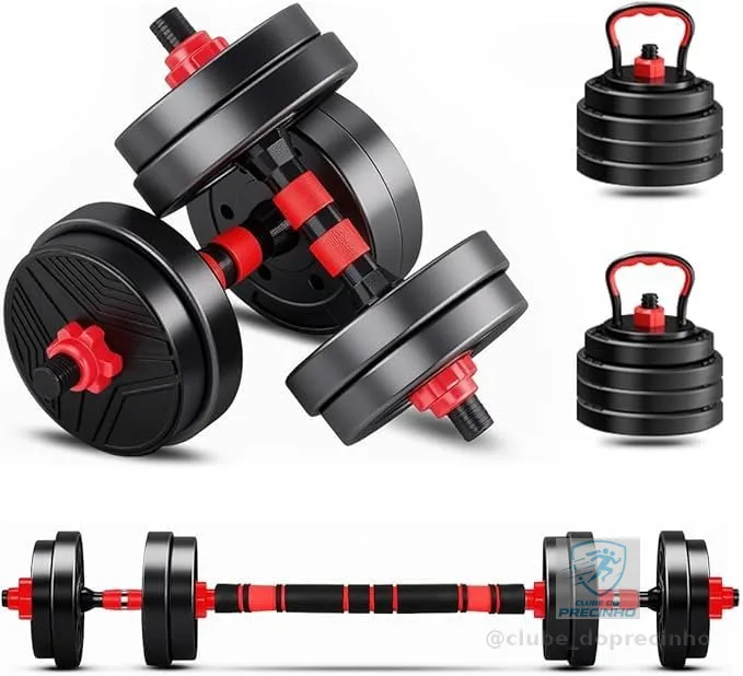 Conjunto de Halteres e Barra 15kg | Kit Musculação Completo para Treinar em Casa | Anilhas e Barras Ajustáveis | Academia em Casa Compacta Sem Kettlebell