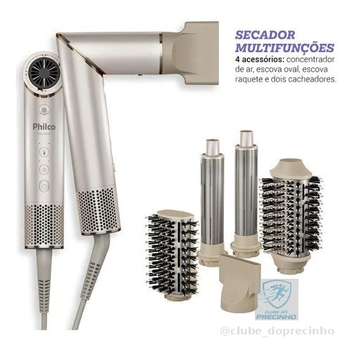 Secador de Cabelo Philco PSC3500 4 em 1 Dobrável Portátil com Escovas e Cacheadores para Viagem