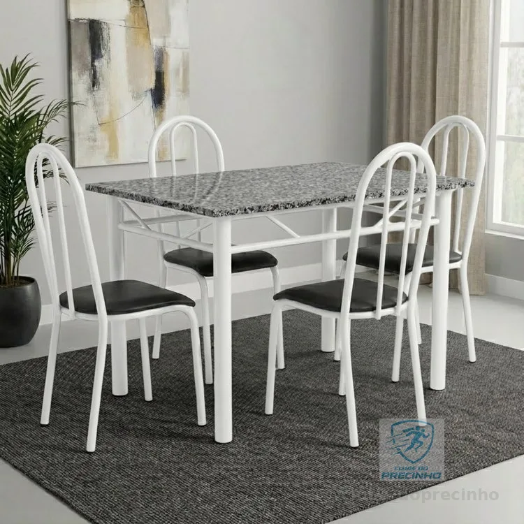 Conjunto Mesa de Jantar 4 Lugares Retangular em Aço com Tampo em Granito Monique Mescla Branco/Preto