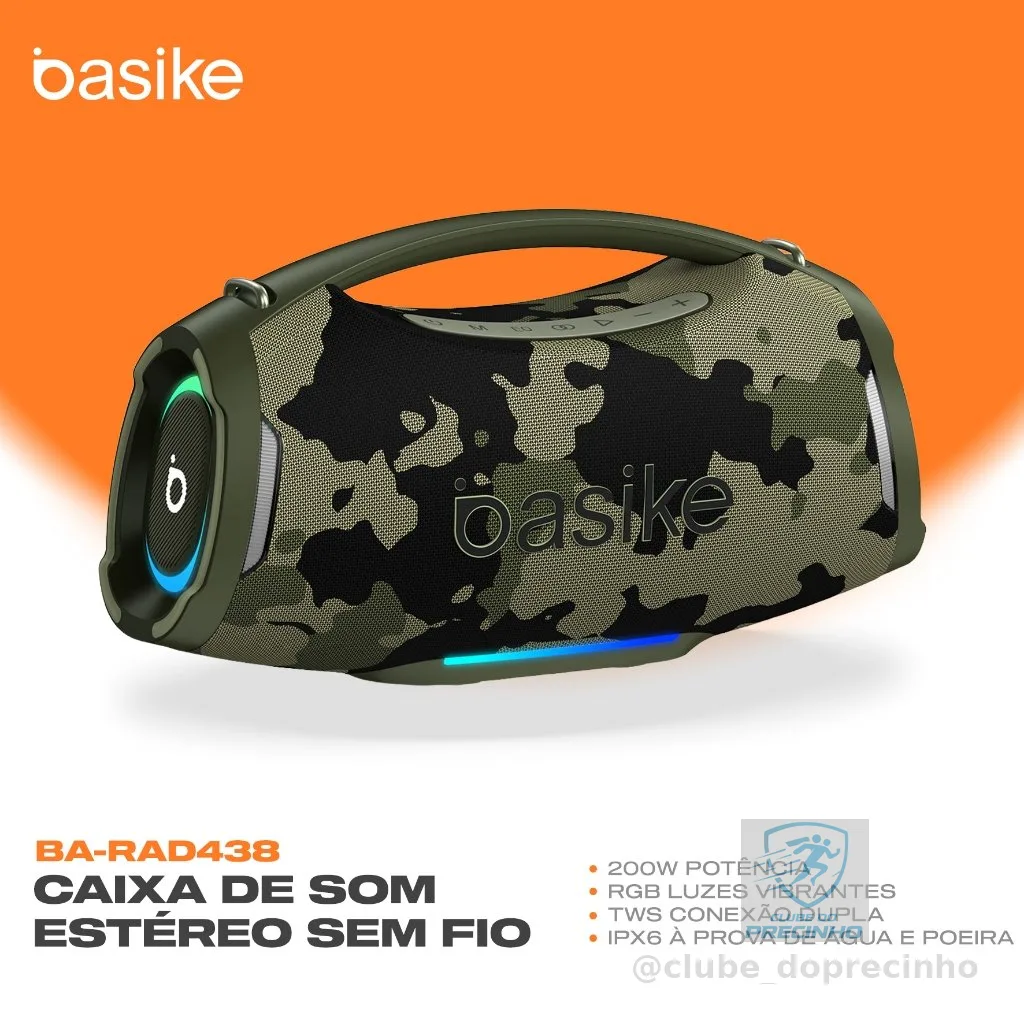 Caixa de Som Portátil Basike Bluetooth 200W Graves Fortes 18000mAh IPX6 À Prova D'água RGB e TWS