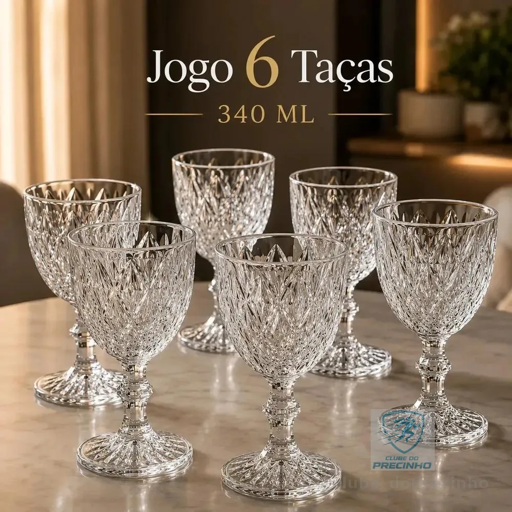 Jogo 6 Taças De Vidro Diamond Cristal 340 ML Luxo Elegante Agua Suco Vinho Champanhe Restaurante Bar Adega