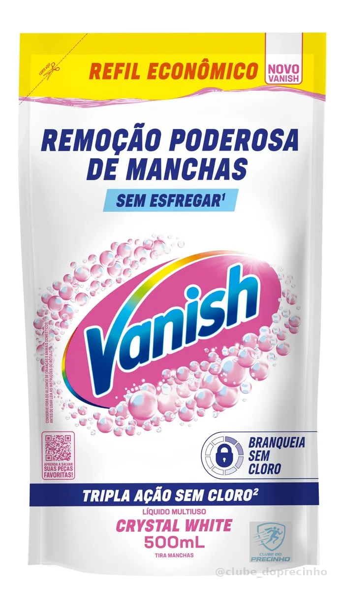 Tira Manchas Líquido Vanish White refil 500ml para Roupas Brancas. Sem Cloro, remove manchas sem danificar os tecidos e deixa o branco até 5 tons mais branco. Confie em Vanish.