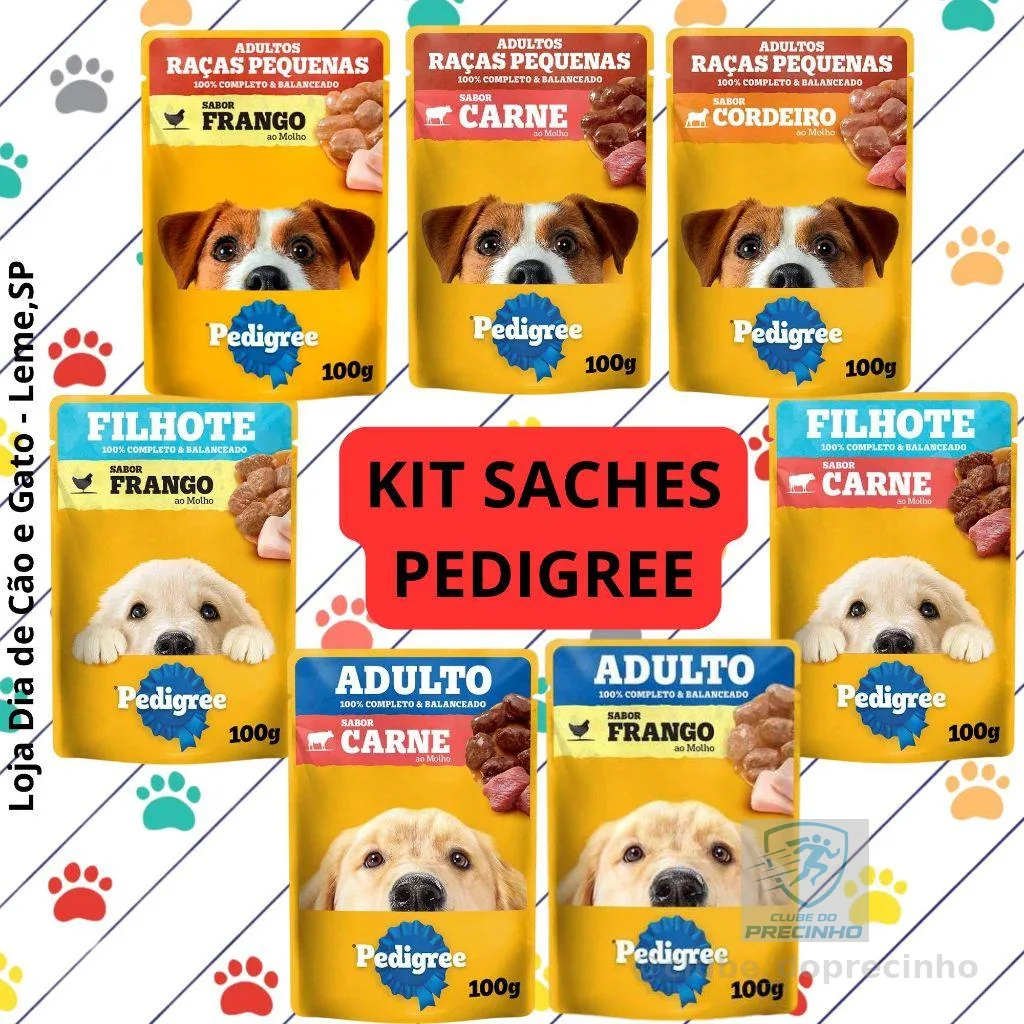 Kit 5 a 25 Sachês de PEDIGREE 100g - Filhotes e Adultos, raças pequenas e médias no sabor cordeiro, frango e carne
