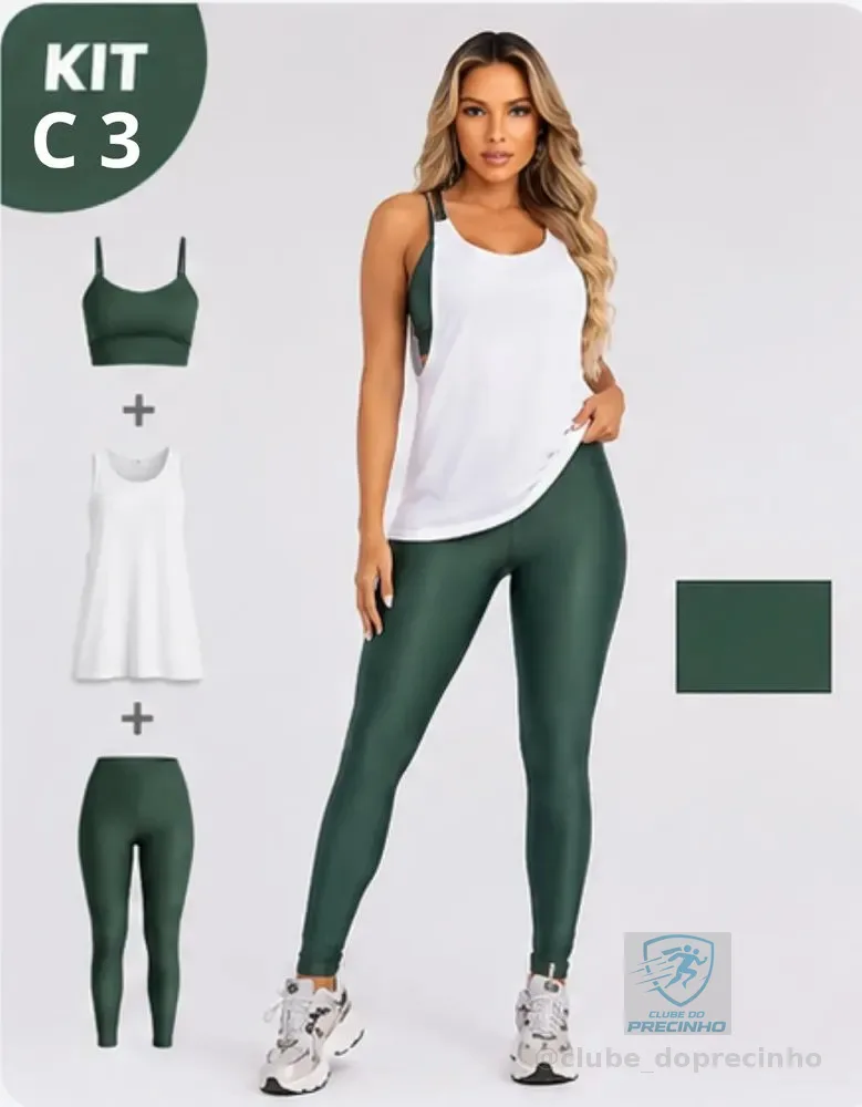 Conjunto Fitness Top Legging E Regatão Feminino Academia Verde Militar M