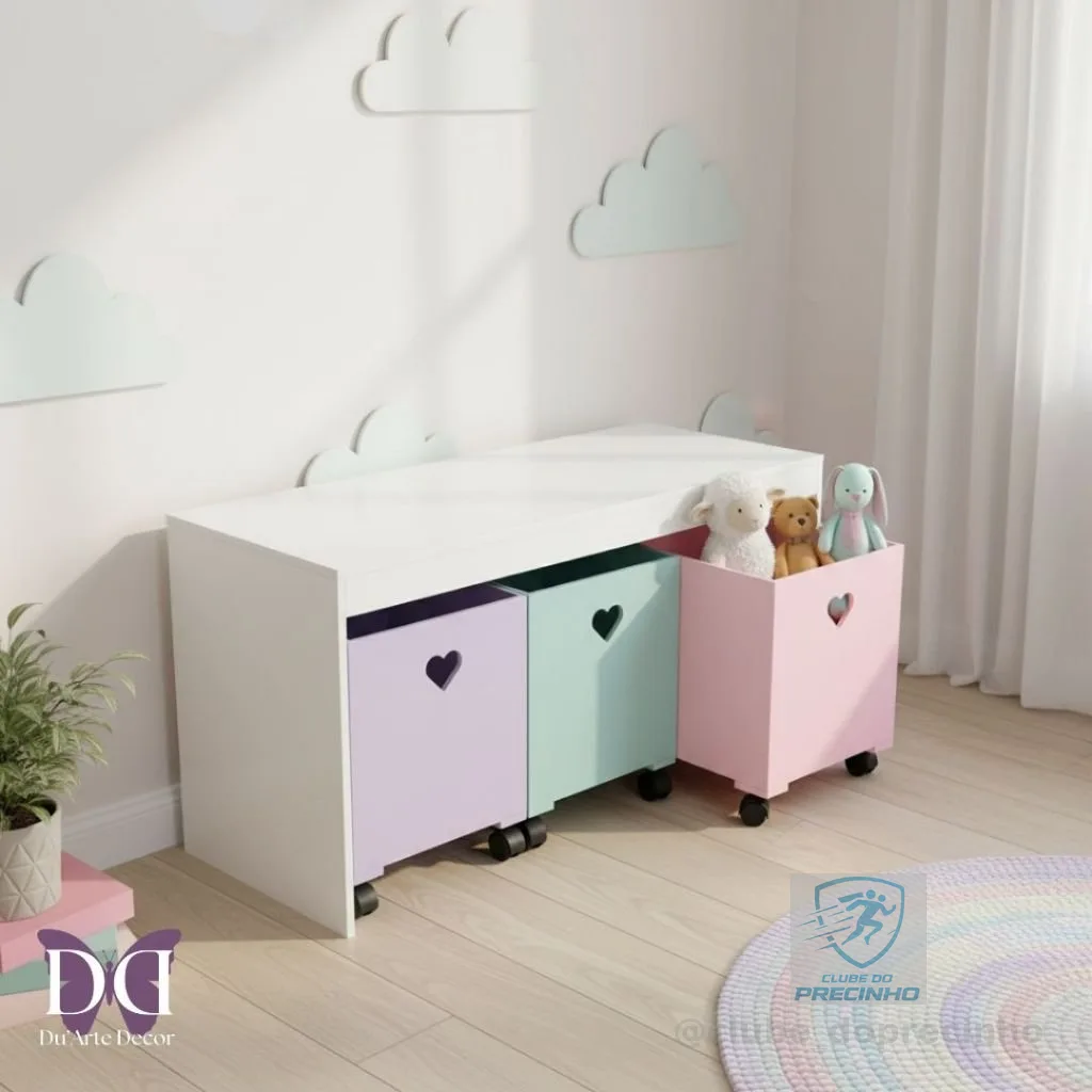 Organizador de Brinquedos Bancada Infantil 3 Gavetas Com Rodinhas em MDF