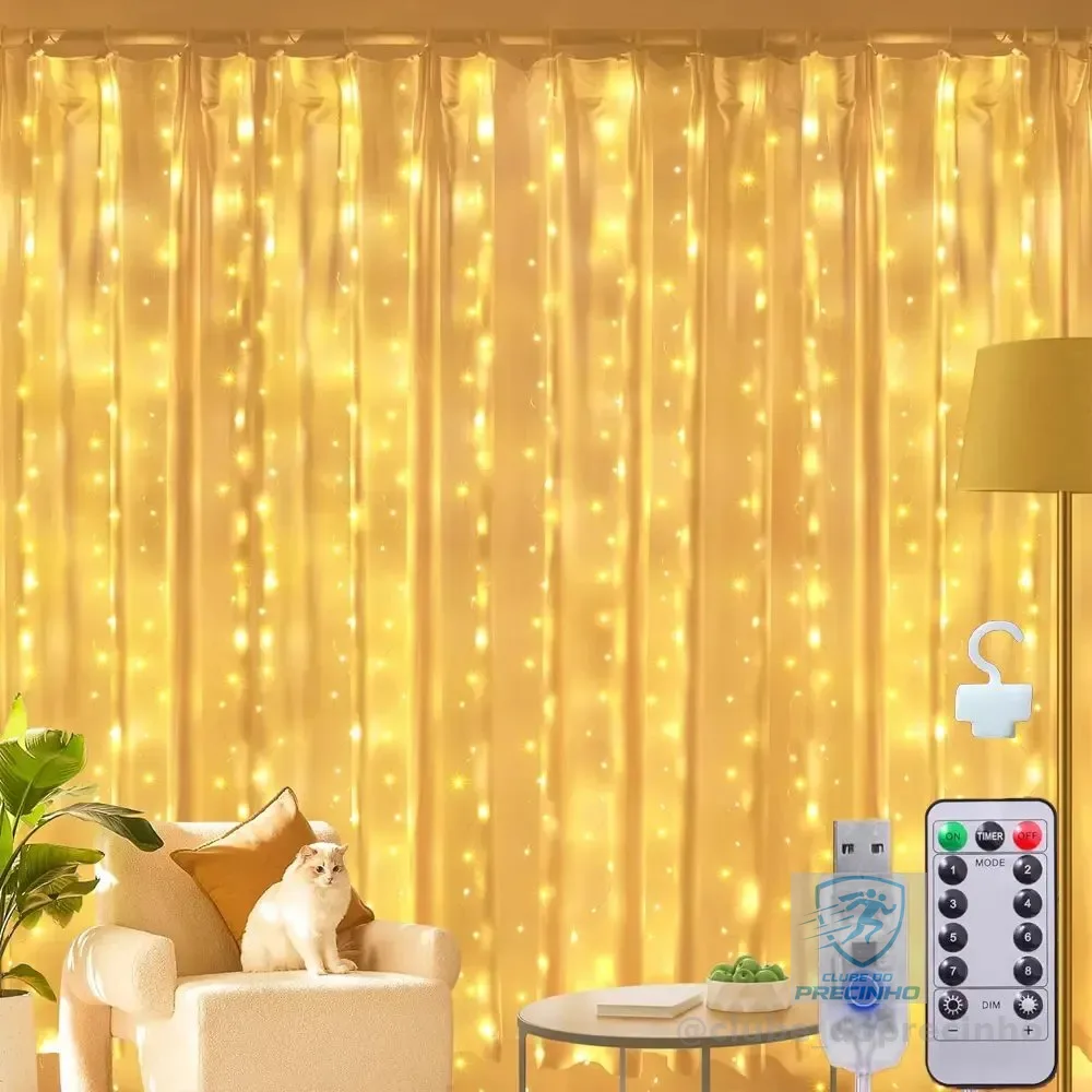 3*3m Cortina De Luz 300 Pisca Pisca Led Decoração De Natal Amarelo 110v/220v