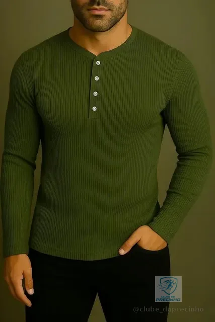 Camiseta Henley Slim Fit Ml - 5 Cores -compre 3 Frete Grátis