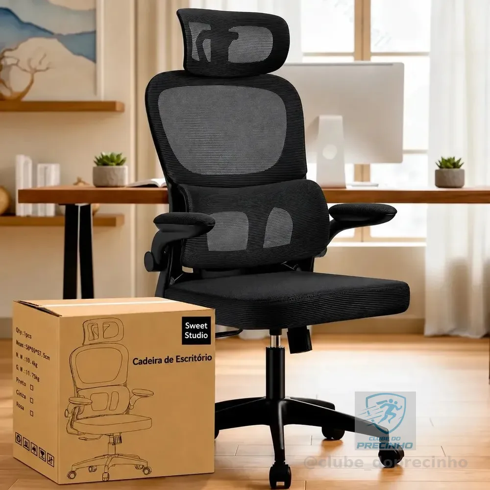 Cadeira de Escritório Sweet Studio Ergonômica Preta, com Apoio de Cabeça e Suporte Lombar
