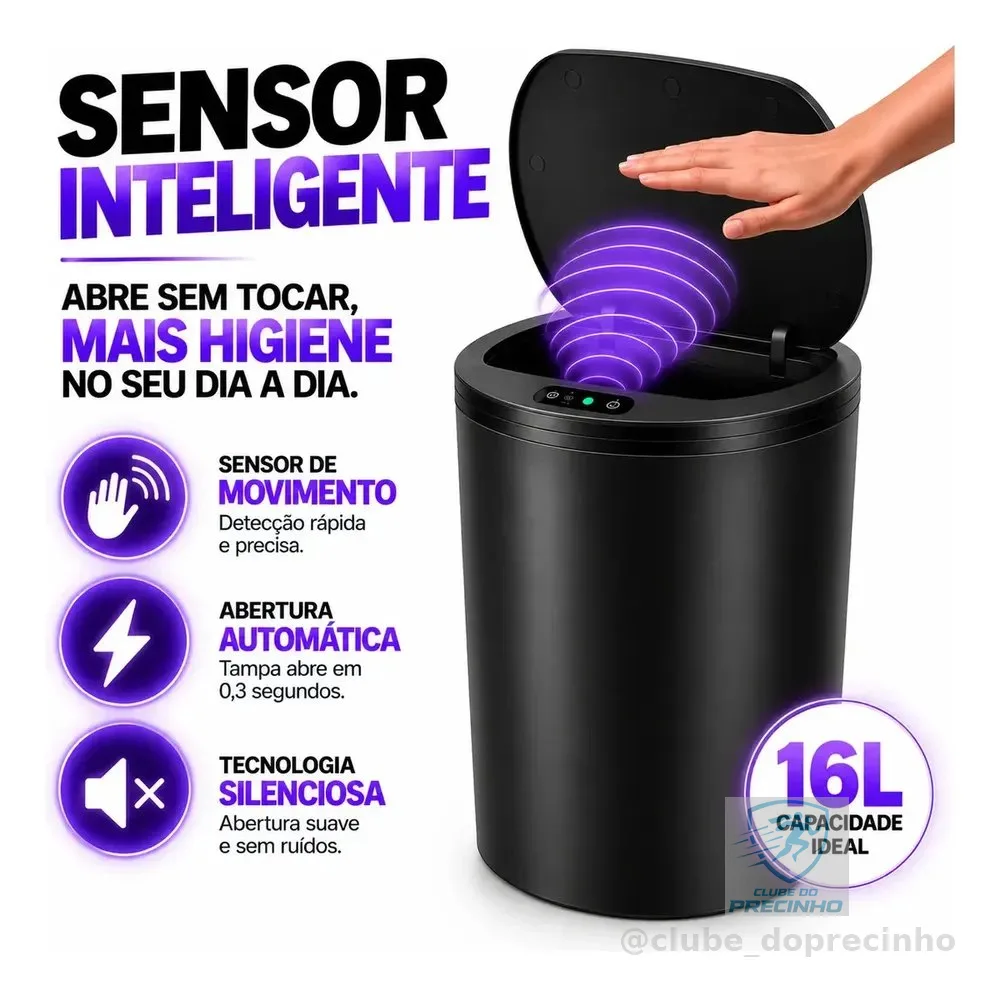 Lixeira Inteligente Automática Redonda Recarregável USB‐C Sensor para Cozinha Banheiro Escritório