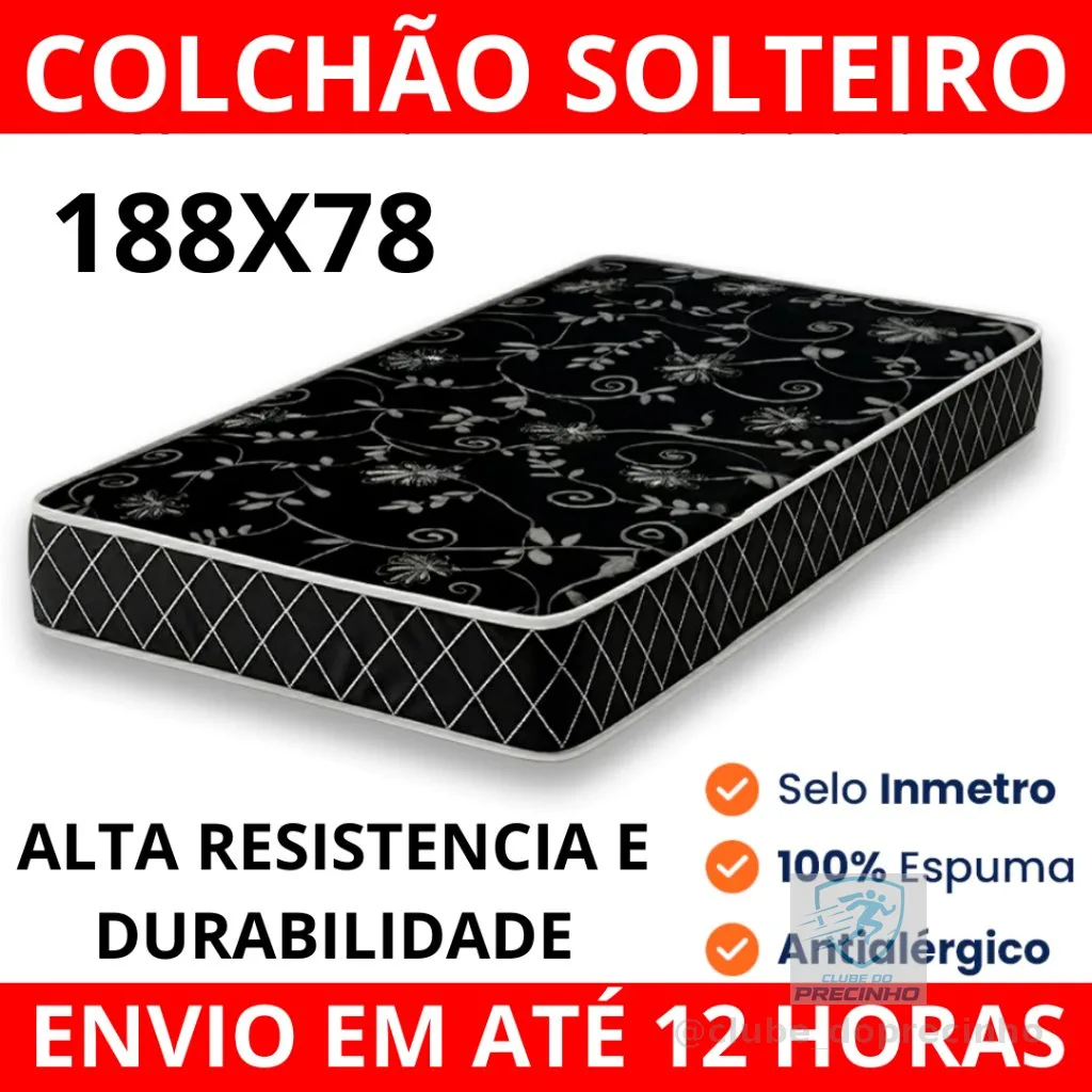 Colchão de Solteiro D20 78x188x12 Selo Inmetro Alta Densidade 100% Espuma Antiácaro e Antialérgico