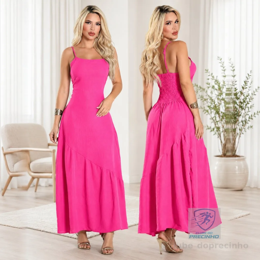 Vestido Longo de Alcinha Feminino com Saia Ampla Lastex e Babado Assimétrico Elegante Moda Casual