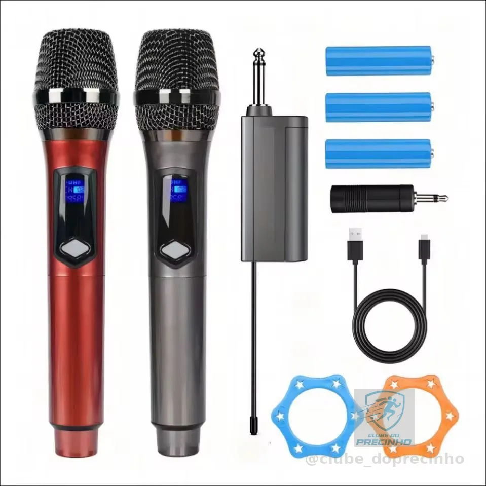 Kit 2 Microfones Dinâmico Sem Fio Profissional Recarregável Uhf para Karaokê
