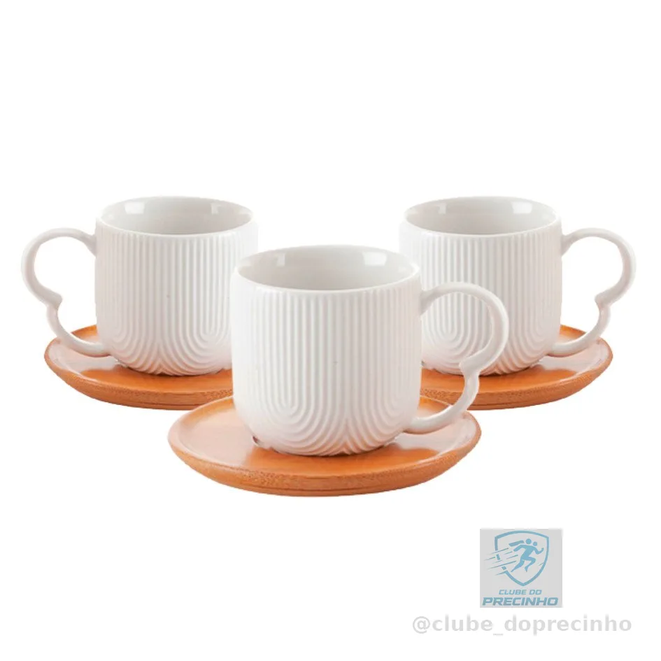Jogo 4 Xícaras Porcelana Branco De Café Chá Com Pires de Bambu Madeira Oásis 90ml