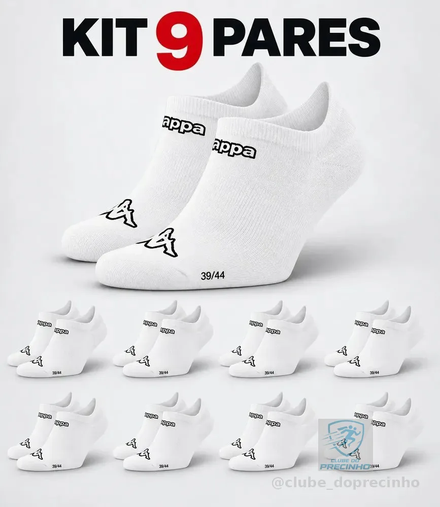 Kit 9 Pares Meias Kappa Sapatilha Soquete Invisível Original Branco 38-43