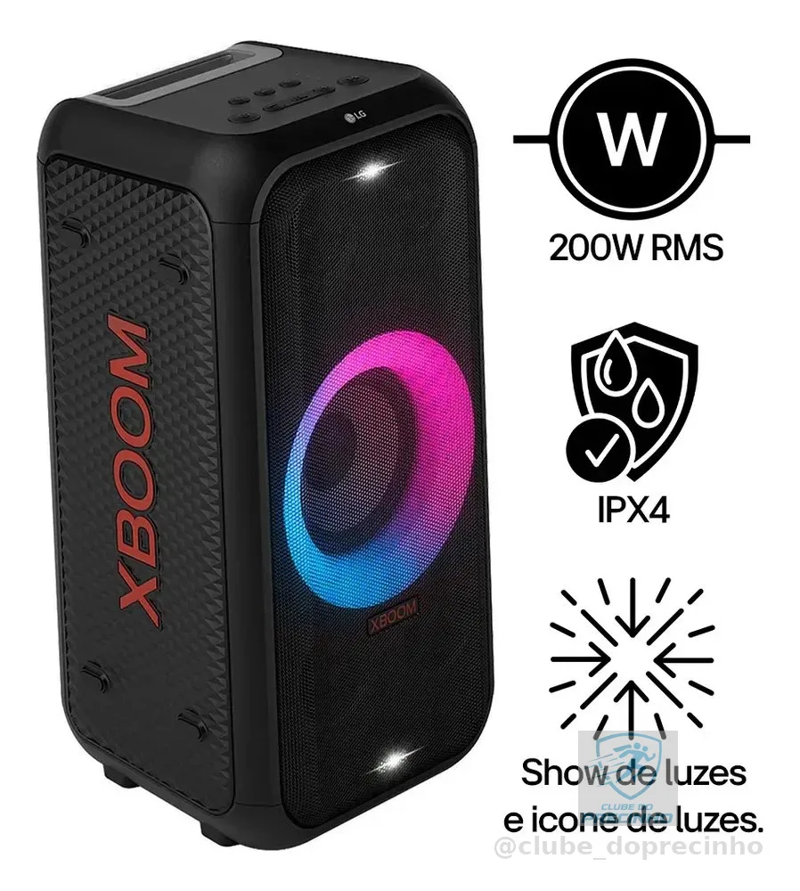 Caixa de som Bluetooth LG XBOOM 200W RMS, 12 horas de bateria, IPX4, Iluminação de Festa e Visor de Pixel LED - XL5T