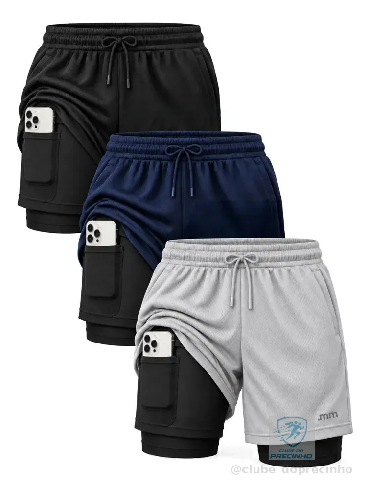 Kit 3 Bermudas 2 Em 1 Short Duplo Masculino Academia Treino Preto-cinza-marinho Liso M