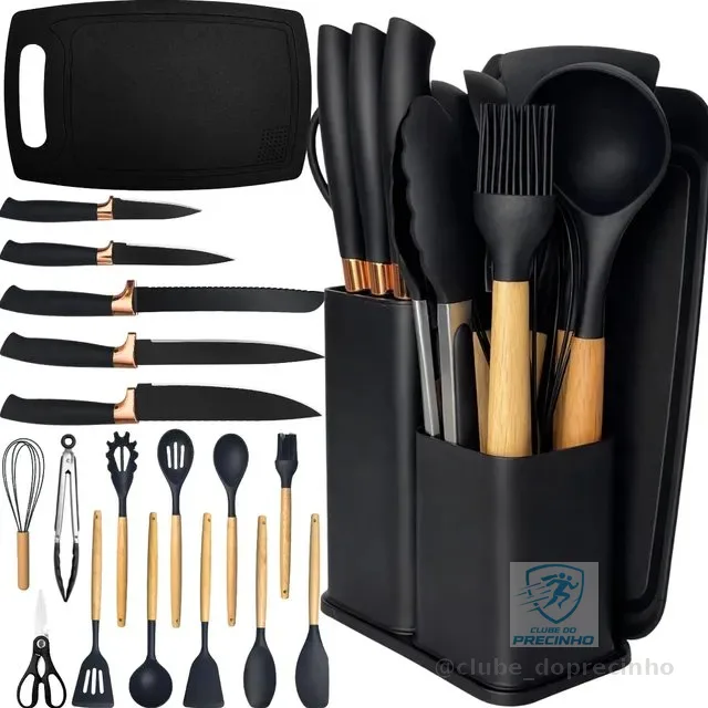 Kit Utensílios Silicone C/ Cabo De Madeira E Facas Em Inox