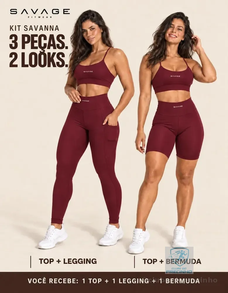 Kit Fitness Feminino: Calça Legging + Top + Shorts Cós Alto Bordô Lisa P