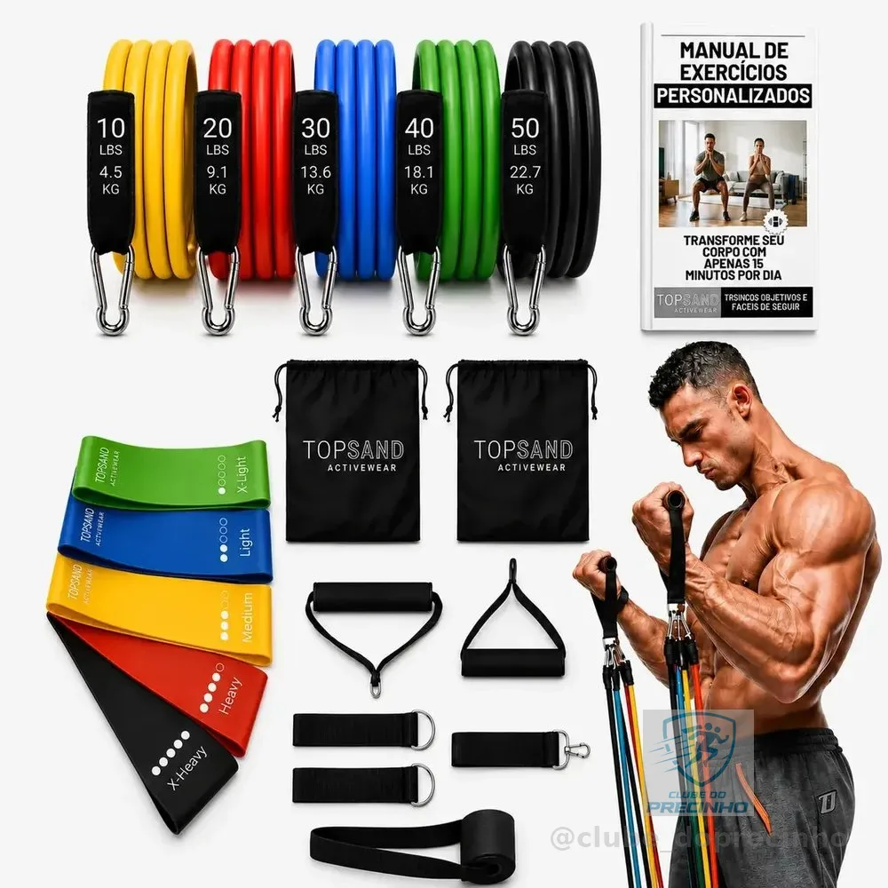 Kit 18 Itens Esportivos Para Treino Em Casa Academia Fitness Funcional Com Elásticos Extensor Puxadores Faixas Elásticas Mini Band P/ Exercícios Ginástica Fisioterapia - Topsand Activewear