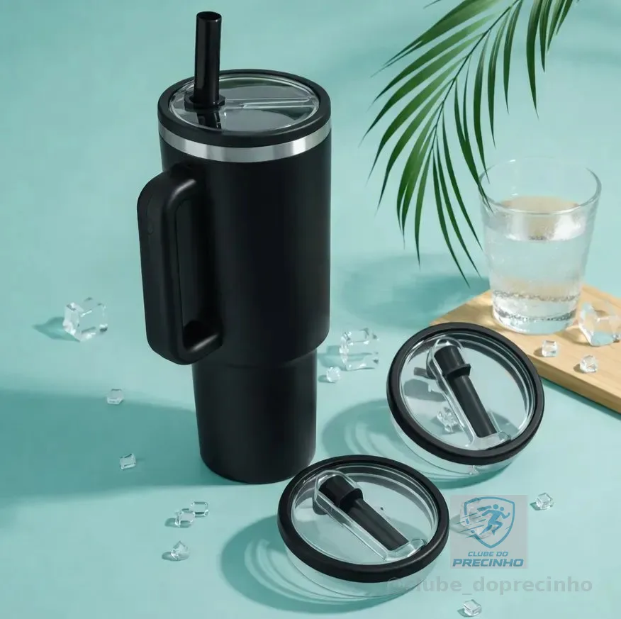 Tampa + Canudo Antivazamento Garrafa Copo Térmico 1200ml 40z Preto